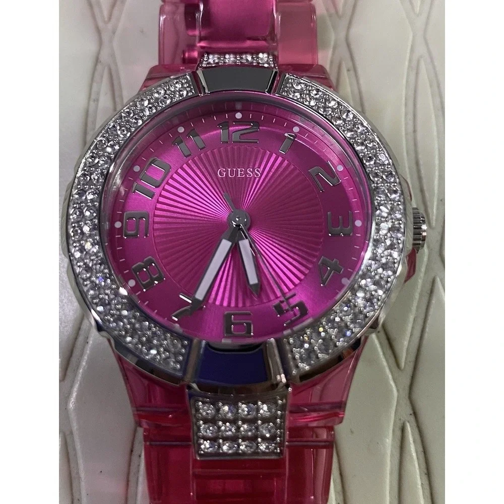 GUESS Women's U95198L3 Pink Plastic Strap Quartz Watch with Pink Dial Bezels EUC
